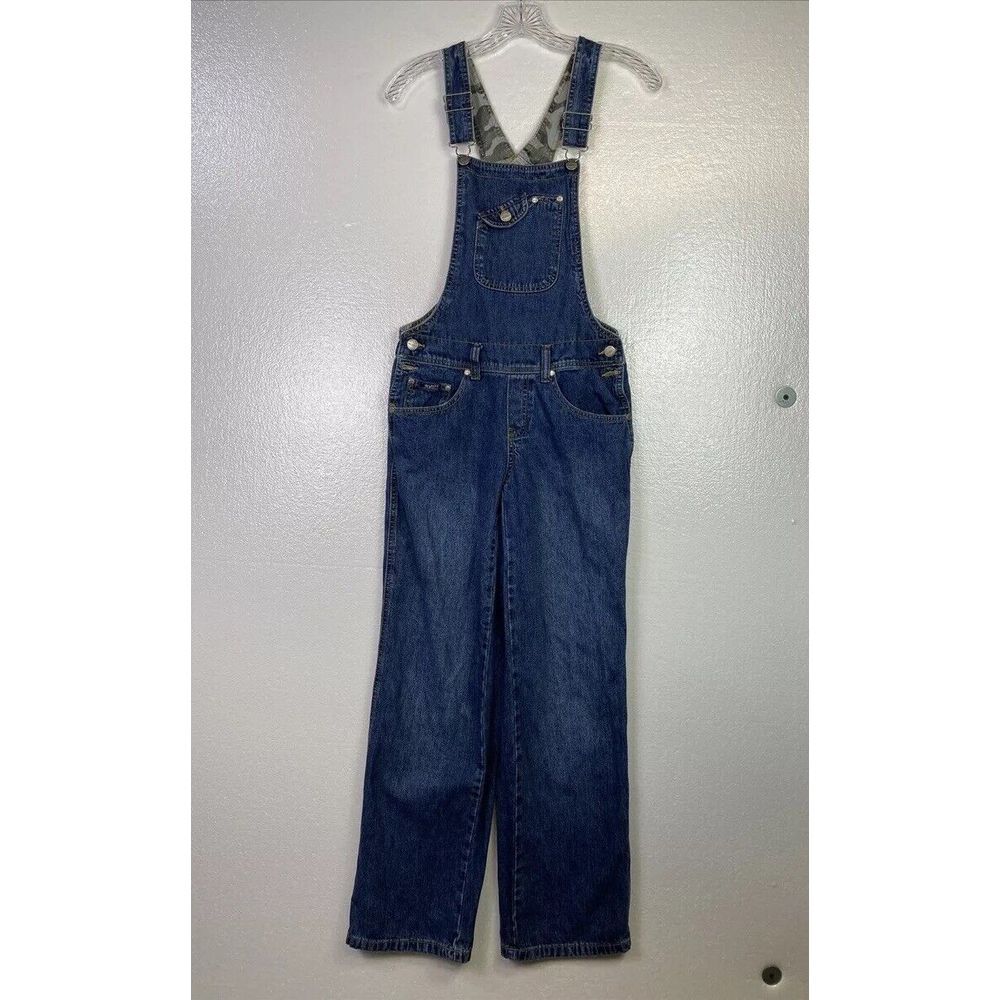 Vtg Revolt Jeans Womens Bib Overall Jeans Junior 16 Blue denim Camo‎ Inside 90s